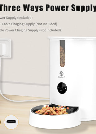 Automatic Cat Feeders, Podazz 1080P HD Camera Timed Auto Cat Dog Feeder with Smart App, 5G WiFi Dry Food Dispenser 2-Way Audio, Voice Recorder, Night Vision, Non-Stick Food Bowl (White)