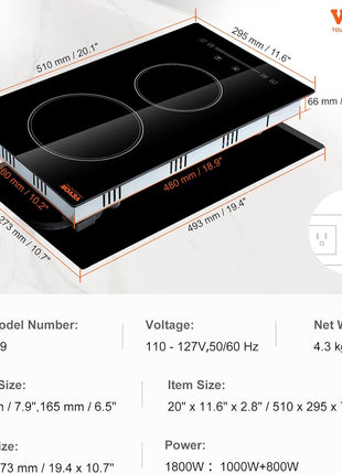 VEVOR Built in Electric Stove Top, 12 inch 2 Burners Ceramic Cooktop, Glass Radiant Cooktop with Sensor Touch Control, Timer & Child Lock Included, 9 Power Levels for Simmer Steam Slow Cook Fry,110V