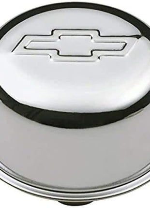 Proform Breather, Push-In, Round, 1-1/4 in Hole, Chevy Bowtie Logo, Steel, Chrome, Each
