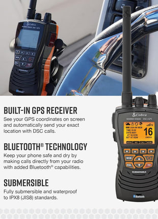 Cobra MR HH600FLTBTGPS Handheld Floating VHF Marine Radio – 6 Watt, GPS, Bluetooth, Submersible, Noise Cancelling Mic, Backlit LCD Display, Memory Scan, Grey