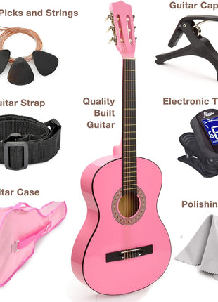 MasterPlay Kids Guitar, 30" Beginner Classical Wood Guitar For Learners, With starter kit, Bag, Strap, Tuner, Pick, Extra String, Cleaning cloth, Christmas, Birthday Gift for Girls Ages 5-12, Pink