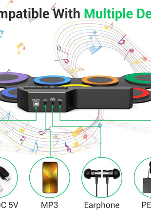 ROCKSOCKI Electric Drum Set, 7-Pad Kids Electronic Drum Set with Headphone Included, Roll-up Drum Practice Pad, Great Holiday Xmas Birthday Gift for Kids