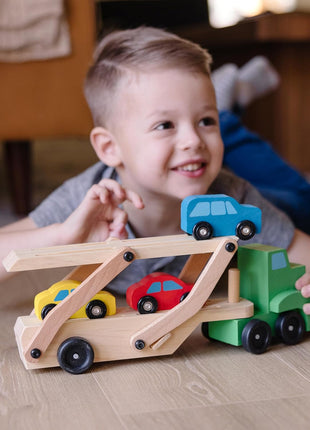 Melissa & Doug Car Carrier Truck and Cars Wooden Toy Set with 1 Truck and 4 Cars 5.75inch x 12inch x 3inch