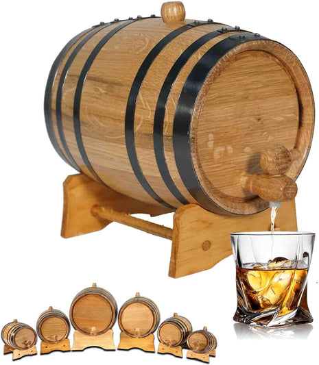 2 Liter Oak Aging Barrel with Wood Stand, Bung & Spigot   Mini Whiskey Barrels for The Home Alcohol Distiller, Moonshiner & Winemaker   Age Cocktails, Bourbon, Whisky, Tequila, Rum, Mead Wine (2L)