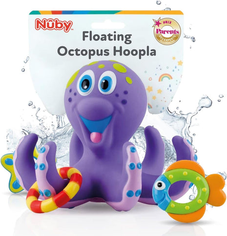 Nuby Floating Octopus with 3 Hoopla Rings - Baby & Toddler Bath Toy - No Hole Design Keeps Moisture Out - Fine Motor Skills - 18+ Months - Great Baby Pool Toys | 3 Hoopla Rings