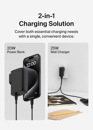 Belkin Hybrid Power Bank 5K + Wall Charger 25W - 2-in-1, Portable Battery w/USB-C Port & USB-A Port - Travel Essential - Apple iPhone 17, Air, Pro, Pro Max, AirPods, Apple Watch - Black