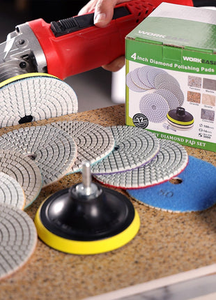 4 Inch Diamond Polishing Pads with 5/8''-11 Backer Pad, 12PCS Wet/Dry Granite Stone Polish Pad Kit for Drill, Grinder, Polisher, 50-6000 Grit Polishing Pad for Concrete Marble Rock Countertop Quartz