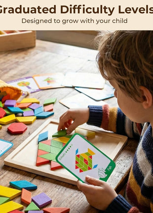 LovesTown 209 PCS Shapes Wooden Pattern Blocks for Kids | Geometric with Activity Cards, Storage Bag, Educational Tangram Puzzles, Great Learning Gift