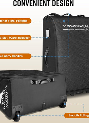 RAYMACE Padded Stroller Travel Bag for Airplane with Wheels Fits to UPPAbaby Vista V2 V3, Cruz V2 V3,Travel Safe Protection Storage Bag, Patterned Design, Black