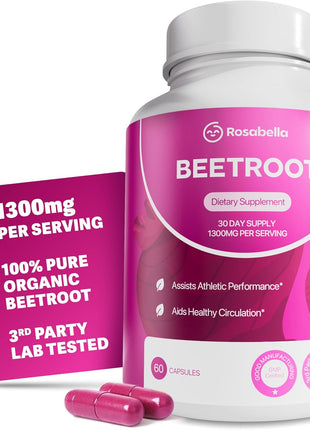 Rosabella Organic Beet Root Capsules - 1300mg Beet Root Powder Aids Healthy Circulation & Vitality, Non-GMO, Beet Root Supplement - 60 Capsules, 30-Day Supply