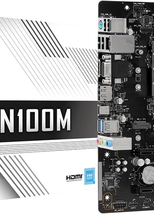ASRock N100M Micro-ATX Motherboard, Intel Quad-Core N100 Processor (up to 3.4 GHz), DDR4, PCIe 3.0, USB 3.2 Gen2 Type-C, Gigabit LAN