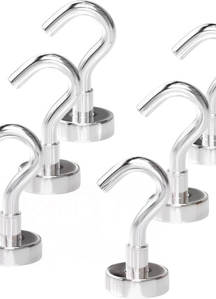 Magnetic Hooks 27lbs/12kg (Pack of 6 Silver) - Heavy Duty Neodymium Hooks for Outdoor & Backyard Use - Strong Rare Earth Magnets for Cruise Cabins - Magnetic Hooks for Kitchen & Refrigerators