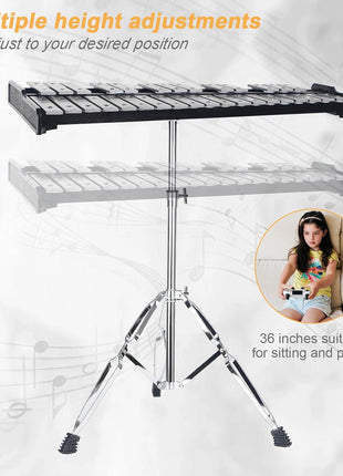 Professional 32 Note Glockenspiel xylophone Bell Kit for beginner :Muted Practice Pad Percussion Kit for Adult, with Three Types of Drumsticks, Adjustable Stand&Carrying Bag