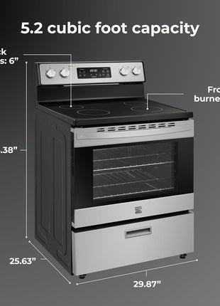 Kenmore 5.2 cu ft. Rear Control Electric Range - Stainless Steel | 4 Cooktop Elements - Steam Clean Oven & Hidden Bake for Easy Cleaning - Ultra-Durable Chrome Racks & Storage Drawer