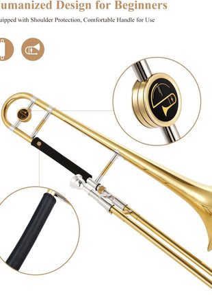 Eastar Bb Tenor Slide Trombone for Beginners Students, B Flat Brass Plated Trombone Instrument with Mouthpiece, White Gloves, Cleaning Kit, ETB-330, Golden