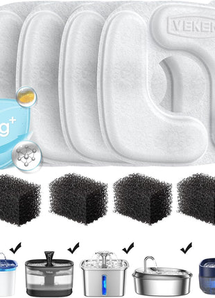 Veken Cat Water Fountain Filters, 8 Pack Replacement Filters & 8 Pack Replacement Pre-Filter Sponges Set for 50oz, 84oz, 95oz or 108oz Automatic Pet Fountain Dog Water Dispenser
