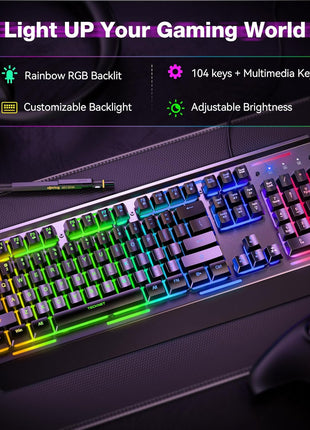 TECKNET Wired Gaming Keyboard, USB Wired Computer Keyboard, 15-Zone RGB Illumination, IP32 Water Resistance, 25 Anti-ghosting Keys, All-Metal Panel (Whisper Quiet Design)