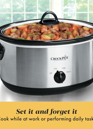 Crock-Pot 7-Quart Manual Slow Cooker, Family Size Serves 8+ People & Fits 6-lb Roast, Removable Stoneware with Warming Setting, Dishwasher Safe for Easy Cleanup, Stainless Steel