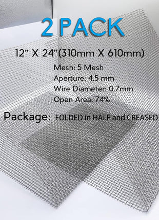 Valchoose 2PACK Wire Mesh 12" X 24", Sturdy 304 Stainless Steel Mesh | 5 Mesh Mesh Screen, Never Rust Metal Mesh Screen for Diy Projects, Cages, Vents, Garden, Window, and Filter