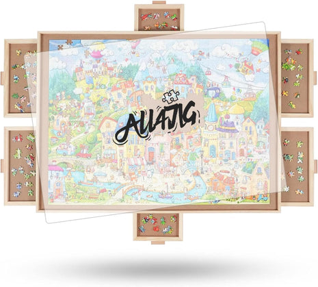 ALL4JIG 1500 Pieces Rotating Puzzle Board with 6 Drawers and Cover,24.92"x33.58"Portable Wooden Jigsaw Puzzle Table for Adults,Lazy Susan Spinning Puzzle Boards Gift for mom,Surface for Lego Building