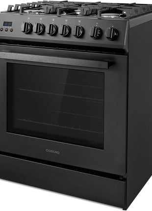 30 in. Nebula Coll 5.0 cu. ft. 5 Burner Gas Range, Convection, Matte Black | Cosmo COS-305AGC-BK Cast Iron Grates, Digital Display with Timer, Metal Knobs, Liquid Propane Convertible, Wok Ring