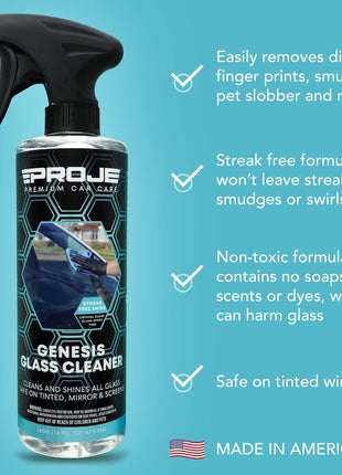 PROJE' Genesis Glass Cleaner - Safe On Tinted Glass - Streak Free Car Window Cleaner - Ammonia Free - Effortlessly Removes Dirt, Dust, Oil, Grease, Insects & More - 16 fl oz