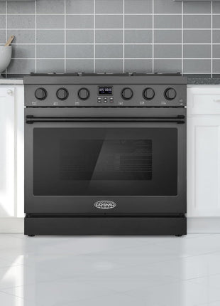 36 in. Lumin Coll 6.1 cu. ft. 6 Burner Gas Range, Convection, Matte Black | Cosmo COS-GRC366KB-BK Sealed Burners, 6 Oven Function, Digital Display with Timer, Cast Iron Grates, LP Convertible