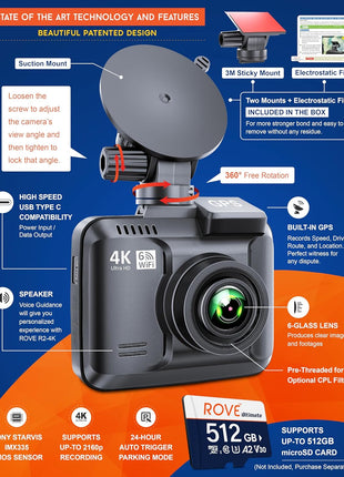 ROVE R2-4K Dash Cam, 4K UHD 2160P Car Camera with 8MP CMOS Sensor, Built-in WiFi 6 and GPS, Dash Camera For Cars with 2.4" Screen, Super Night Vision, 150" Wide Angle, Parking Mode, Supports 512GB Max