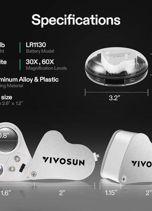 VIVOSUN 30X 60X Illuminated Jewelers Loupe Foldable Magnifier with LED Light for Jewelry Gems Watches Coins Stamps Antiques White