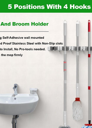 voze 5 Racks and 4 Hooks Mop and Broom Holder Wall Mount, Self Adhesive Heavy Duty Broom Hanger Organizer Storage Tool Racks for Kitchen Garden Laundry Garage