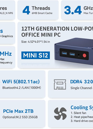 Beelink Mini PC, Mini S12 Intel 12th N95(Up to 3.4GHz), 8GB DDR4 256GB M.2 SSD, Desktop Computers Support 4K Dual HDMI Display/USB3.2/1000Mbps LAN/WOL Home/Office