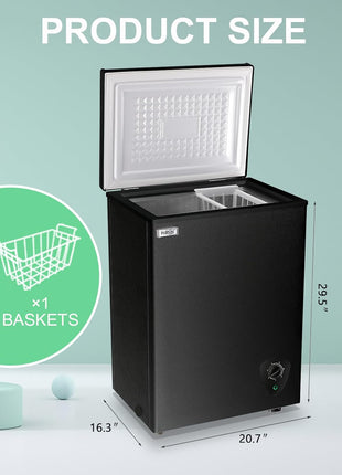 Deep Chest Freezer 3.5 Cu.Ft Mini Freezer Black for Apartment Kitchen | Free-Standing Top Door, 7 Level Adjustable Thermostat, Removable Basket, Low Noise