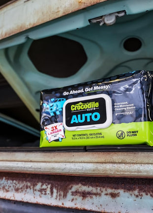 Crocodile Cloth Auto Cleaning Wipes – 100 XL (15 inch x 10 inch) Disposable Wipes for Car Engine Degreasing, Body Detailing & Tire Cleaning – Cuts Grease, Oil, Adhesives on Hands, Tools, Parts & More
