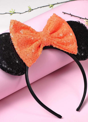 FANYITY Mouse Ears, Sequin Mouse Ears Headband for Girls Women Halloween Birthday Party (Orange Bow)