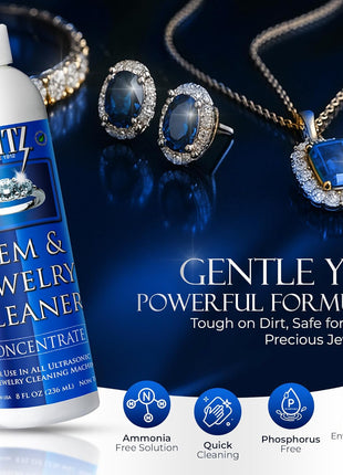 Blitz Gem & Jewelry Cleaner Liquid Concentrate for Gold, Silver, & Platinum Jewelry Cleans Non-Porous, Precious & Semi-Precious Stones. Non-Toxic, Non-Abrasive, & Planet Friendly Made in USA 8oz