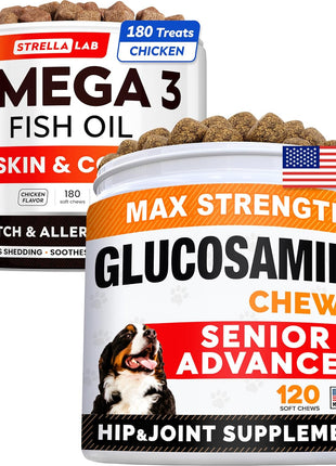 Senior Advanced Glucosamine Joint Supplement + Fish Oil Omega 3 Treats Bundle - Hip & Joint Pain Relief + Allergy and Itch Relief - Chondroitin, MSM + Omega 3 6 9, EPA & DHA - 120 + 180 Soft Chews