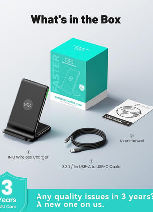 INIU Wireless Charger, 15W Fast Wireless Charging Station with Sleep-Friendly Adaptive Light Compatible with iPhone 17 16 15 14 13 12 Pro Max Samsung Galaxy S25 S24 S23 Note 20 Google etc