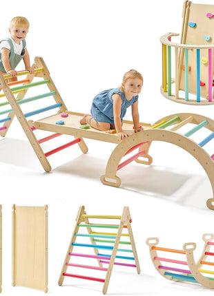 Tiny Land Pikler Triangle Set, 7-in-1 Foldable Climbing Toys Set for Kids | Baby Indoor Playground Jungle Gym, Wooden Montessori Climbing Set for Toddler,Ideal Gift for Kids (Rainbow)