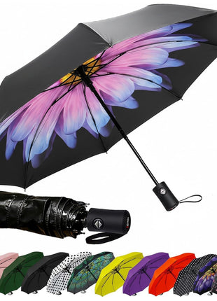 SIEPASA Compact Travel Umbrella - Windproof Auto Open/Close, Small Folding Umbrella for Rain - Lightweight & Durable with Fiberglass Frame, Waterproof Canopy - Fits Backpack, Purse, Suitcase. (Black)