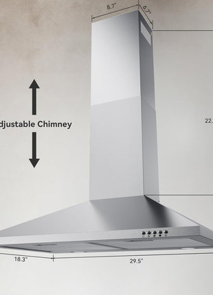 Hermitlux Range Hood 30 inch Stainless Steel, Wall Mount Vent Hood for Kitchen with Charcoal Filter, Ducted/Ductless Convertible