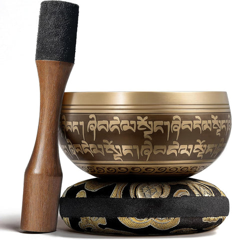 Handmade Tibetan Etched Singing Bowl Set? Sound Bowl & Meditation Bowl with Cushion, Mallet & Guide? Yoga Kit? Stress Relief Tools? Ancient Himalayan Meditation Tools