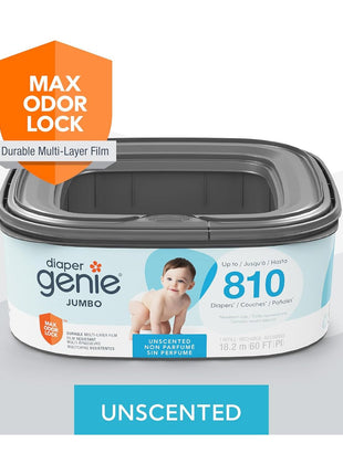 Diaper Genie Jumbo Square Refill, with Continuous Film, can Hold up to 810 Newborn-Sized Diapers per Refill.