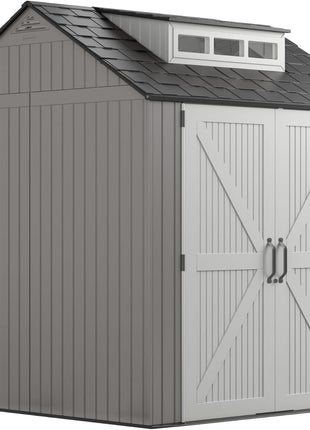 Rubbermaid Resin Outdoor Storage Shed With Floor (7 x 7 Ft) Weather Resistant Gray Organization for Home/Backyard/Garden Tools/Lawn Mower/Bike Storage/Pool Supplies