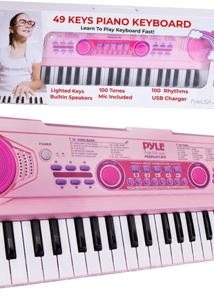 Pyle, Electric Keyboard 49 Keys-Portable Digital Musical Karaoke Piano Keyboard-100 Tunes/Rhythms, 50 Demos, Rechargeable Battery-Wired Microphone-Beginners Kids Adult Pink PKBRD4912PK.3