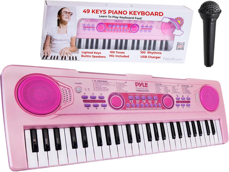 Pyle, Electric Keyboard 49 Keys-Portable Digital Musical Karaoke Piano Keyboard-100 Tunes/Rhythms, 50 Demos, Rechargeable Battery-Wired Microphone-Beginners Kids Adult Pink PKBRD4912PK.3