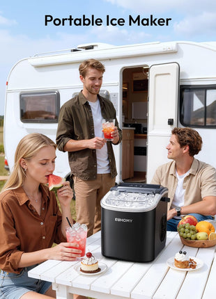 EUHOMY Countertop Ice Maker Machine with Handle, 26lbs in 24Hrs, 9 Ice Cubes Ready in 6 Mins, Auto-Cleaning Portable Ice Maker with Basket and Scoop, for Home/Kitchen/Camping/RV. (Black)