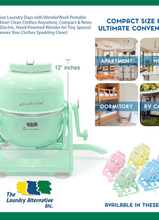 WonderWash Portable Washing Machine for Apartment & Tiny Spaces - Manual Hand Clothes Washer with Retro Design - Clean Laundry Anywhere with Our Countertop, Non-Electric, Small Washer - Mint Green