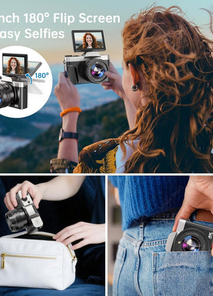 4K Digital Camera for Photography with WiFi, 2025 Latest Auto-Focus Vlogging Camera for YouTube Video 3'' 180° Flip Screen Travel Cameras 16X Zoom Anti-Shake 4K Cameras with SD Card, 2 Batteries