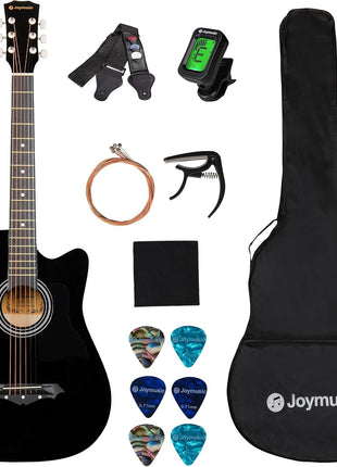 38 inch black beginner acoustic guitar,bundle with a strap with picks holder,digital tuner, set strings, capo,cleaning cloth,6 picks,gig bag.(JG-38C,BK)