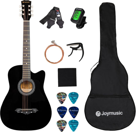 38 inch black beginner acoustic guitar,bundle with a strap with picks holder,digital tuner, set strings, capo,cleaning cloth,6 picks,gig bag.(JG-38C,BK)